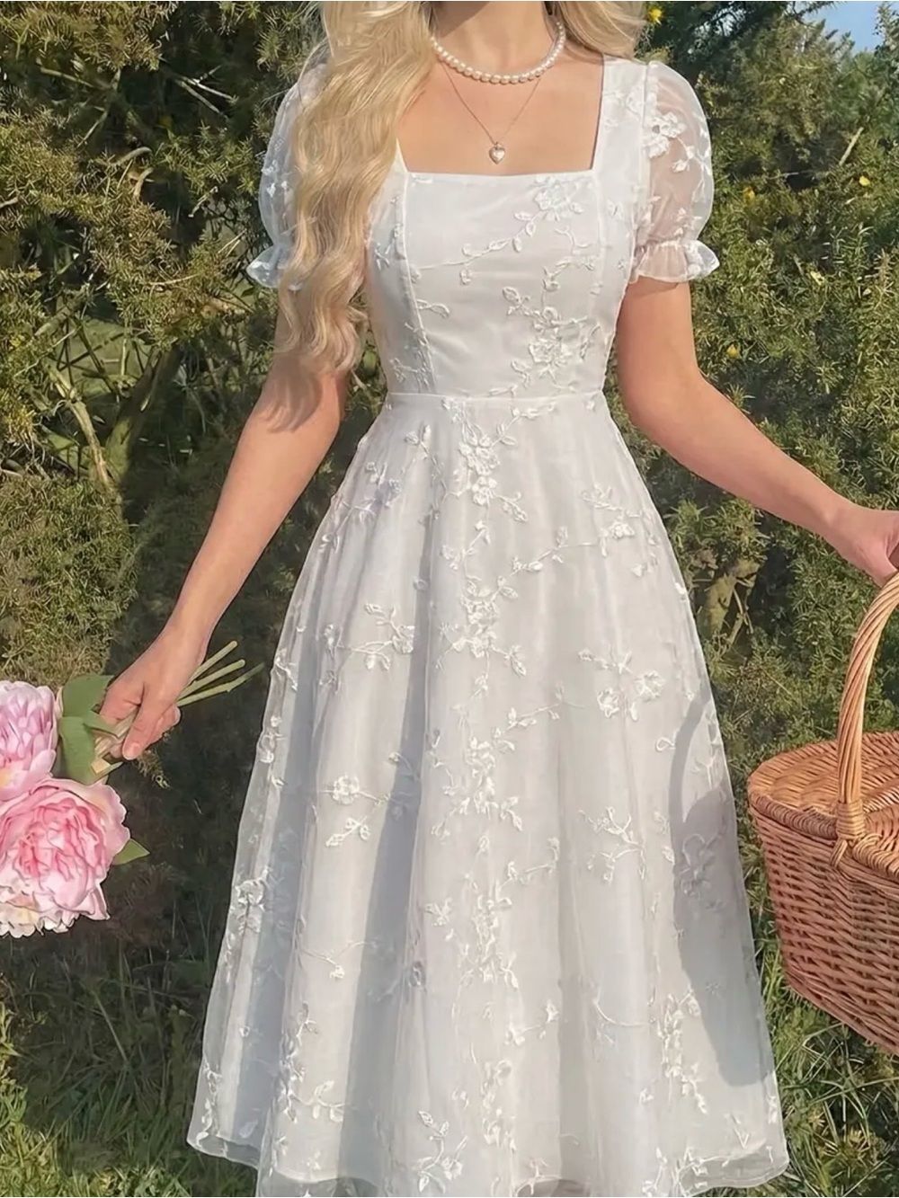 SHEIN White Square Neck Floral Embroidered Midi Dress